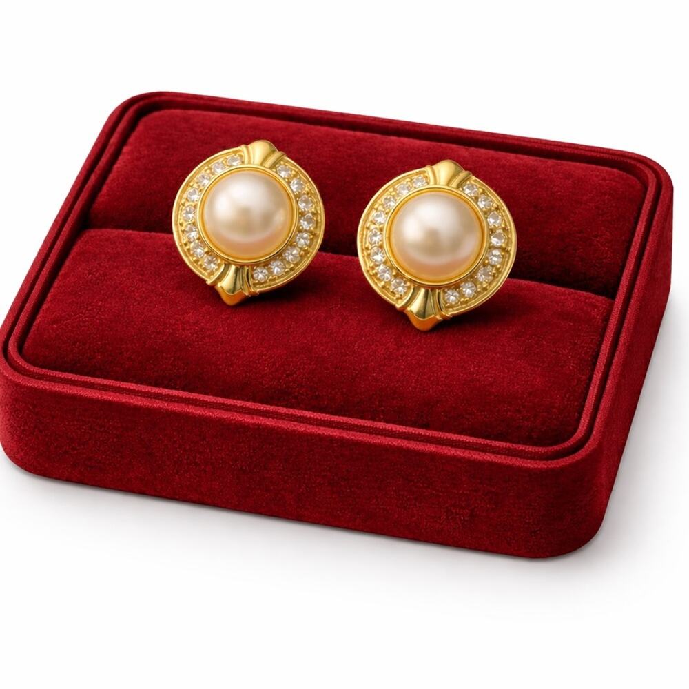 Vintage 1980s Gold Pearl Enamel Crystal Earrings Lot of 3 Stud Dynasty Glam Gift - Picture 2 of 6